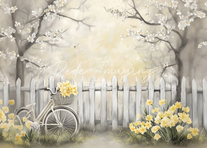 Avezano Vintage Bike Daffodil White Fence Spring Photography Backdrop Designed By Lidia Redekopp