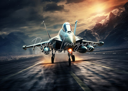 Avezano Sunset Mountain Military Jet Runway Photography Backdrop Designed By Lidia Redekopp
