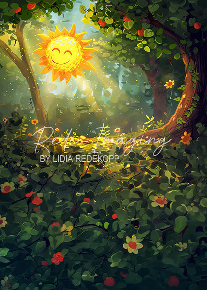 Avezano Cartoon Smiling Sun Forest Kids Photography Backdrop Designed By Lidia Redekopp