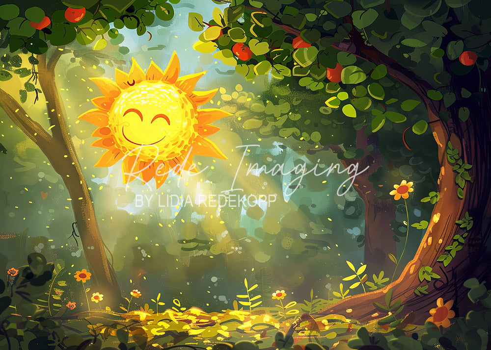 Avezano Cartoon Smiling Sun Forest Kids Photography Backdrop Designed By Lidia Redekopp