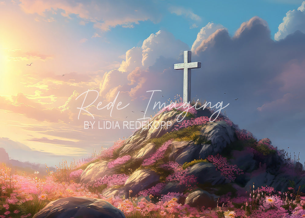 Avezano Hill White Cross Floral Sunrise Photography Backdrop Designed By Lidia Redekopp