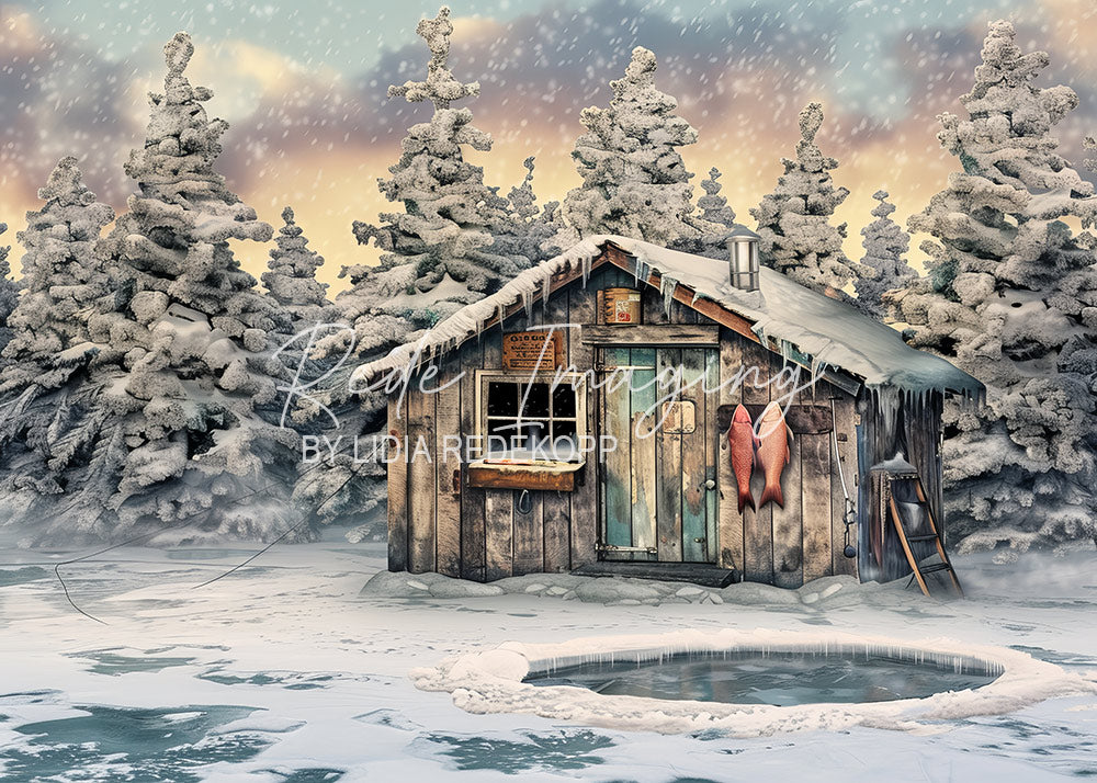 Avezano Winter Ice Fishing Cabin Snow Forest Photography Backdrop Designed By Lidia Redekopp