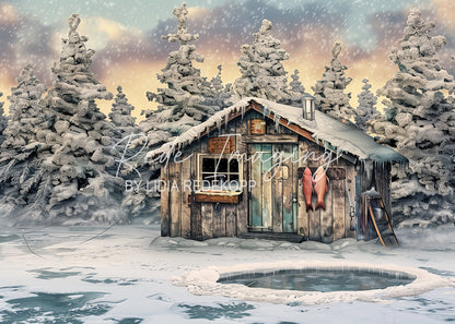 Avezano Winter Ice Fishing Cabin Snow Forest Photography Backdrop Designed By Lidia Redekopp