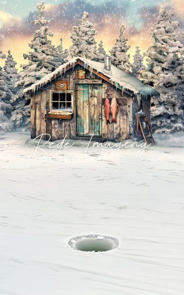Avezano Winter Ice Fishing Cabin Snow Forest Photography Backdrop Designed By Lidia Redekopp