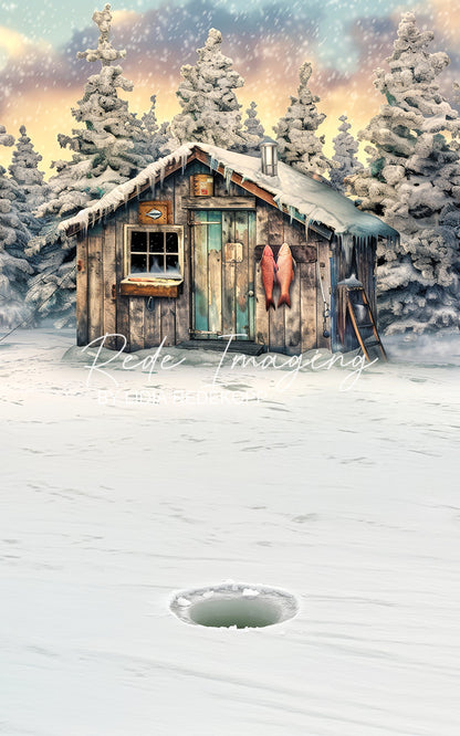 Avezano Winter Ice Fishing Cabin Snow Forest Photography Backdrop Designed By Lidia Redekopp