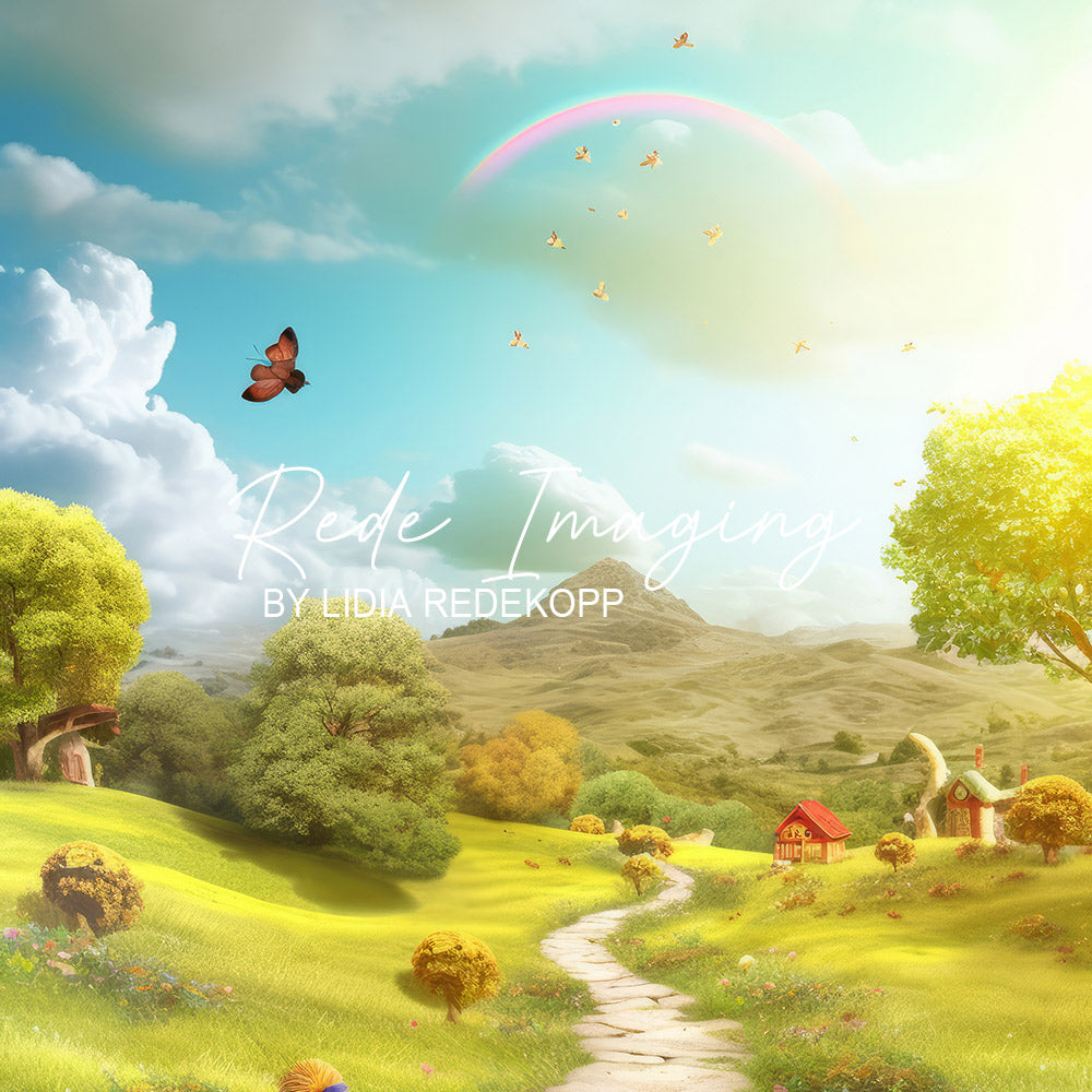 Avezano Cartoon Green Hill Rainbow Cottage Photography Backdrop Designed By Lidia Redekopp