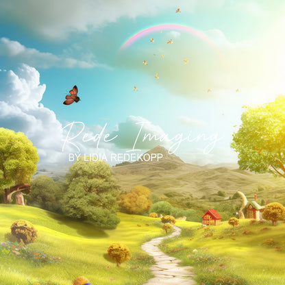 Avezano Cartoon Green Hill Rainbow Cottage Photography Backdrop Designed By Lidia Redekopp