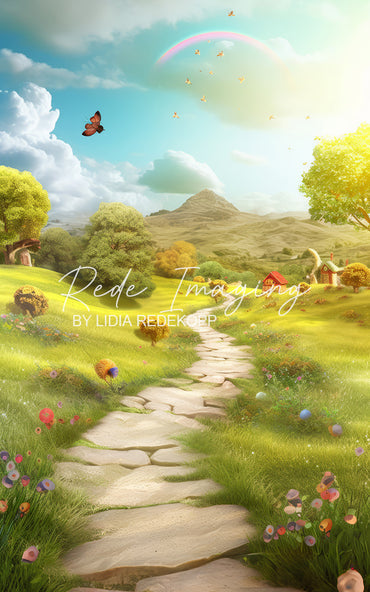 Avezano Cartoon Green Hill Rainbow Cottage Photography Backdrop Designed By Lidia Redekopp
