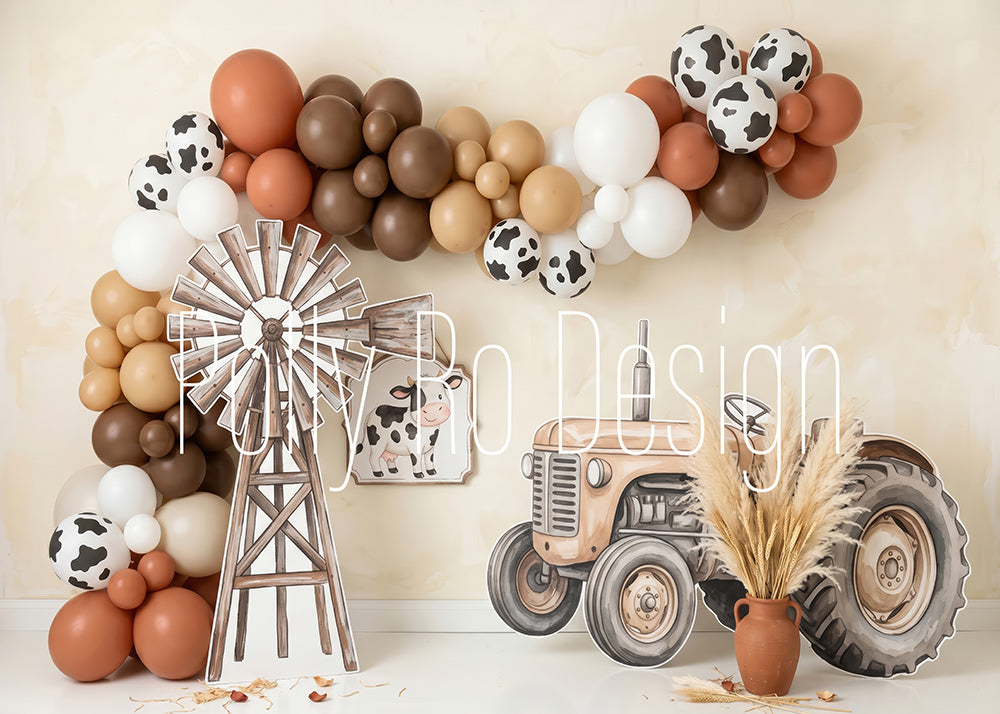 Avezano Neutral Farm Tractor Cow Print Balloon Arch Photography Backdrop Designed By Polly Ro Design