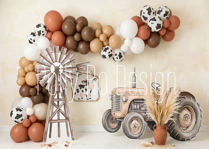 Avezano Neutral Farm Tractor Cow Print Balloon Arch Photography Backdrop Designed By Polly Ro Design
