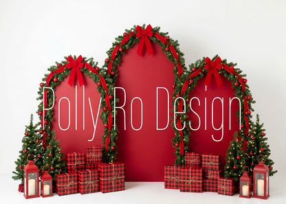 Avezano Red Plaid Christmas Triple Arch Gift Photography Backdrop Designed By Polly Ro Design