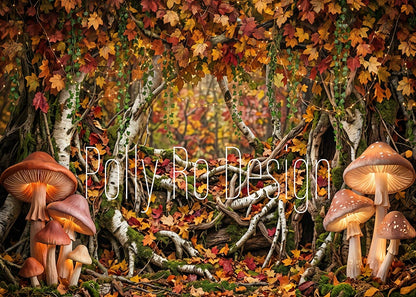 Avezano Autumn Forest Glowing Mushroom Birch Tree Photography Backdrop Designed By Polly Ro Design