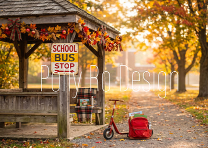 Avezano Fall School Bus Stop Wooden Gazebo Photography Backdrop Designed By Polly Ro Design