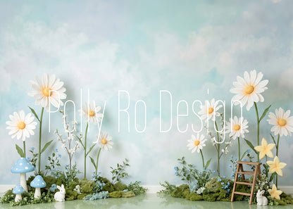 Avezano Blue Sky Daisy Rabbit Mushroom Spring Photography Backdrop Designed By Polly Ro Design