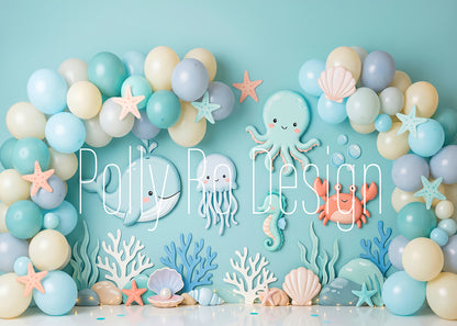 Avezano Cute Ocean Animal Blue Balloon Arch Baby Photography Backdrop Designed By Polly Ro Design
