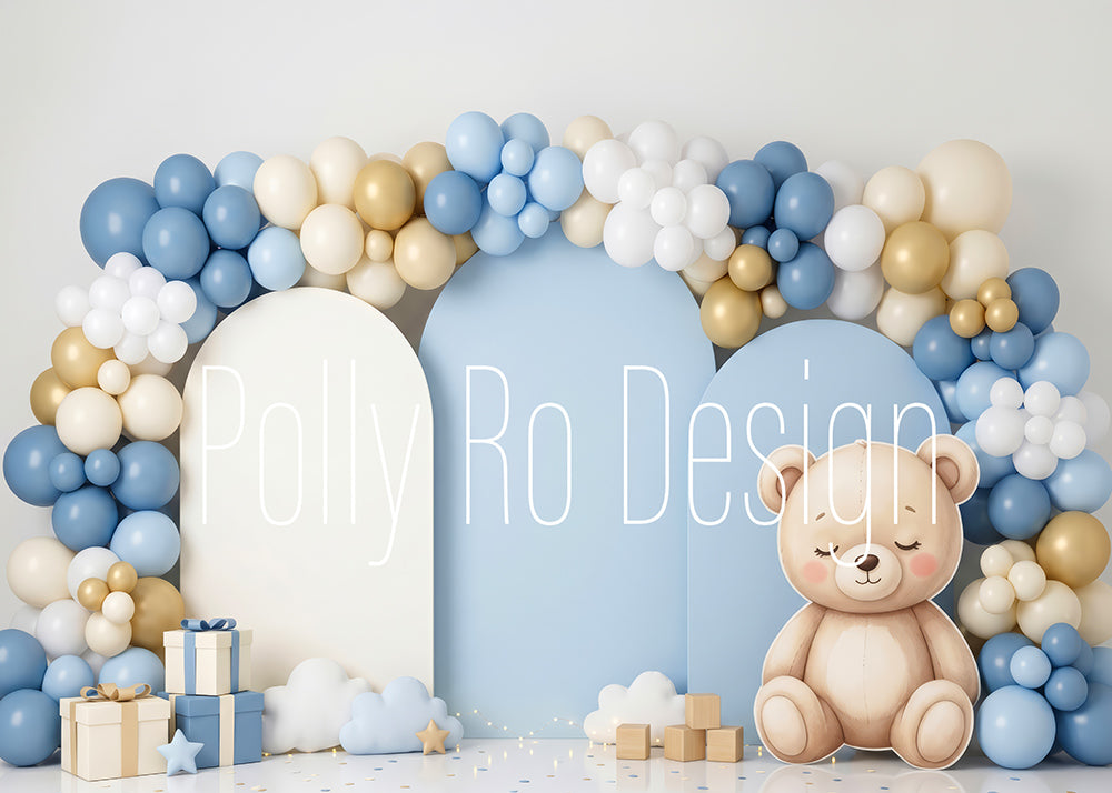 Avezano Blue Beige Bear Triple Arch Balloon Photography Backdrop Designed By Polly Ro Design