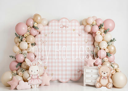 Avezano Pink Gingham Bunny Teddy Balloon Arch Photography Backdrop Designed By Polly Ro Design