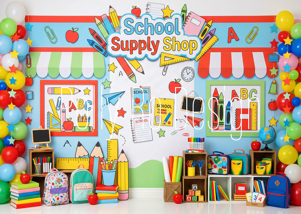 Avezano Colorful School Supply Shop Balloon Photography Backdrop Designed By Polly Ro Design