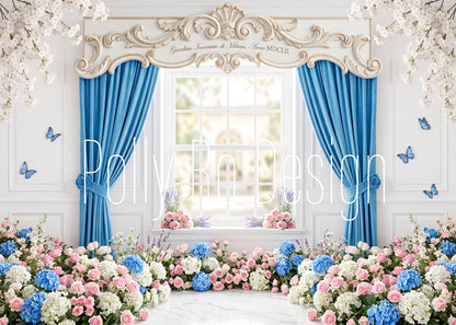 Avezano Blue Curtain Floral Window Butterfly Photography Backdrop Designed By Polly Ro Design
