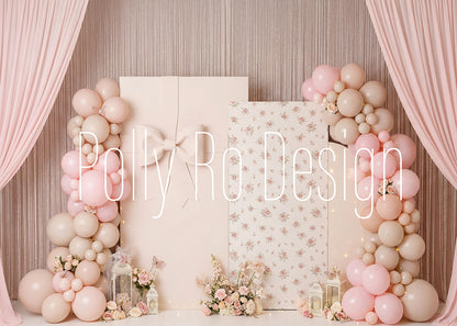 Avezano Pink Floral Gift Box Balloon Arch Photography Backdrop Designed By Polly Ro Design
