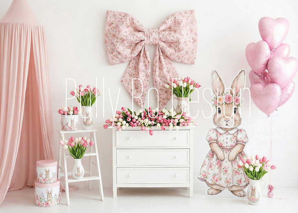 Avezano Pink Floral Bunny Tulip Bow Photography Backdrop Designed By Polly Ro Design