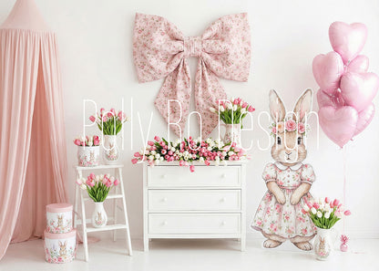 Avezano Pink Floral Bunny Tulip Bow Photography Backdrop Designed By Polly Ro Design