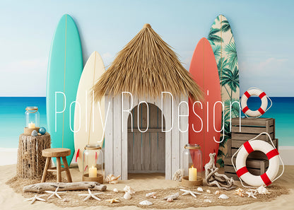 Avezano Beach Hut Surfboard Summer Ocean Photography Backdrop Designed By Polly Ro Design