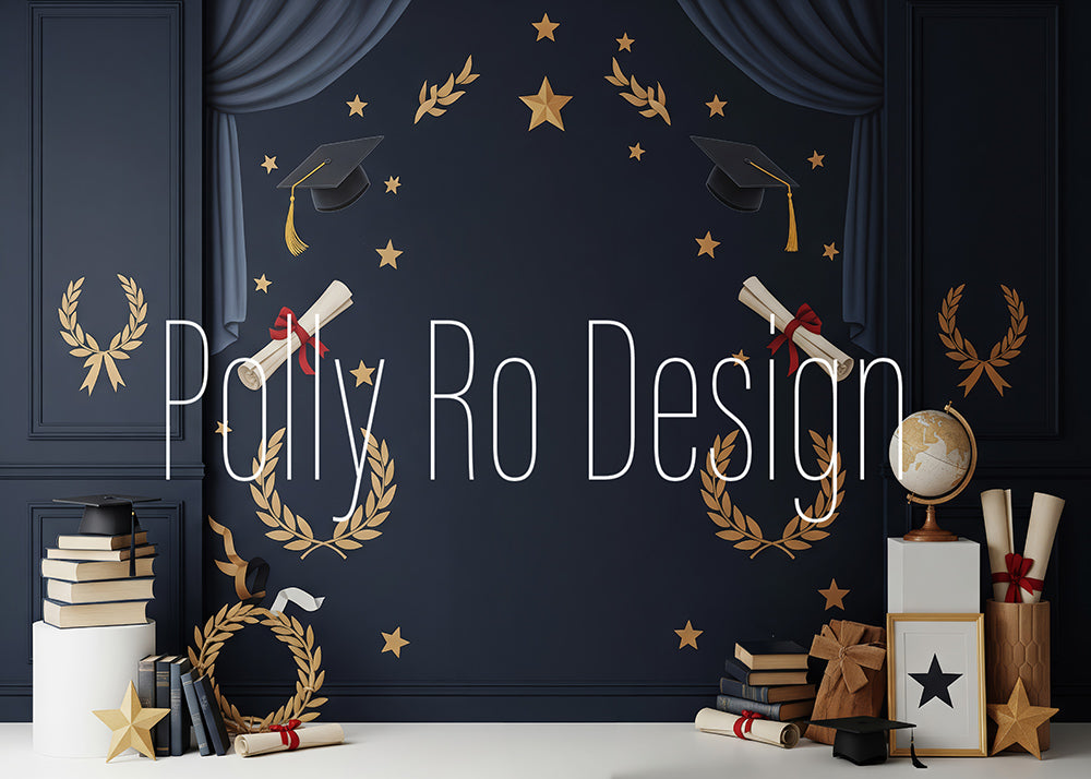 Avezano Dark Navy Graduation Cap Diploma Photography Backdrop Designed By Polly Ro Design
