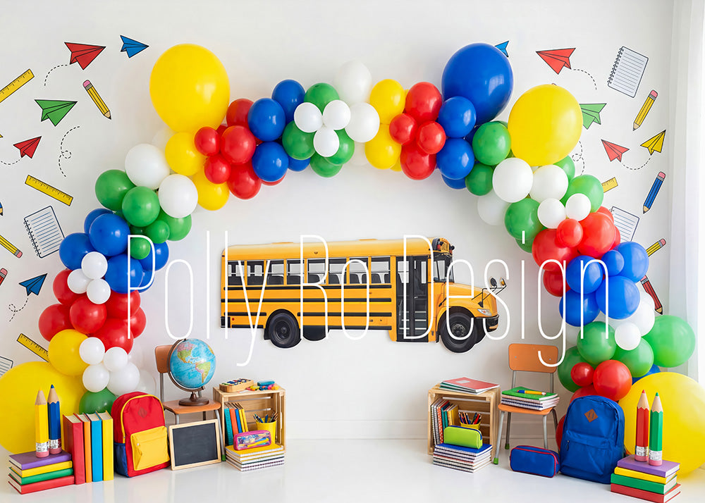 Avezano Yellow School Bus Rainbow Balloon Arch Photography Backdrop Designed By Polly Ro Design