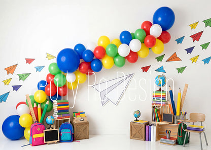 Avezano Paper Plane Rainbow School Balloon Garland Photography Backdrop Designed By Polly Ro Design