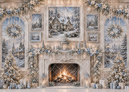 Avezano Blue White Winter Christmas Fireplace Backdrop Designed By Enchanted Design Studio