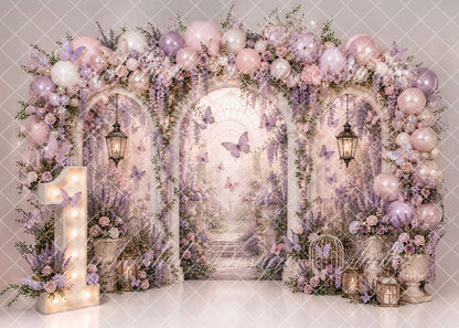 Avezano Purple Floral Arch Butterfly Backdrop Designed By Enchanted Design Studio