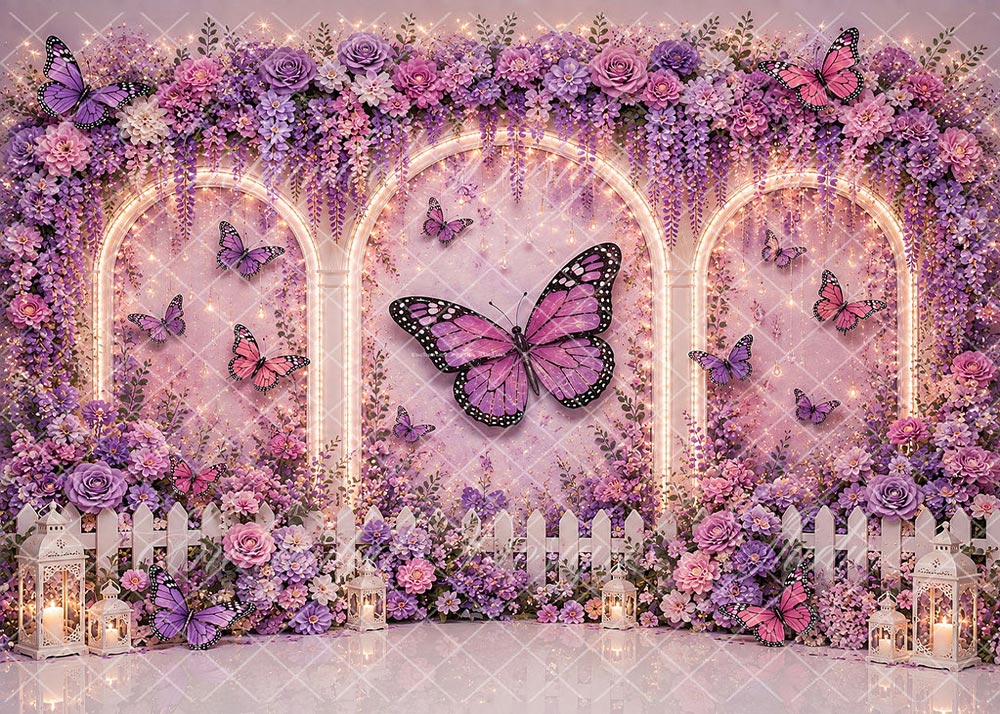 Avezano Purple Butterfly Floral Arch Backdrop Designed By Enchanted Design Studio