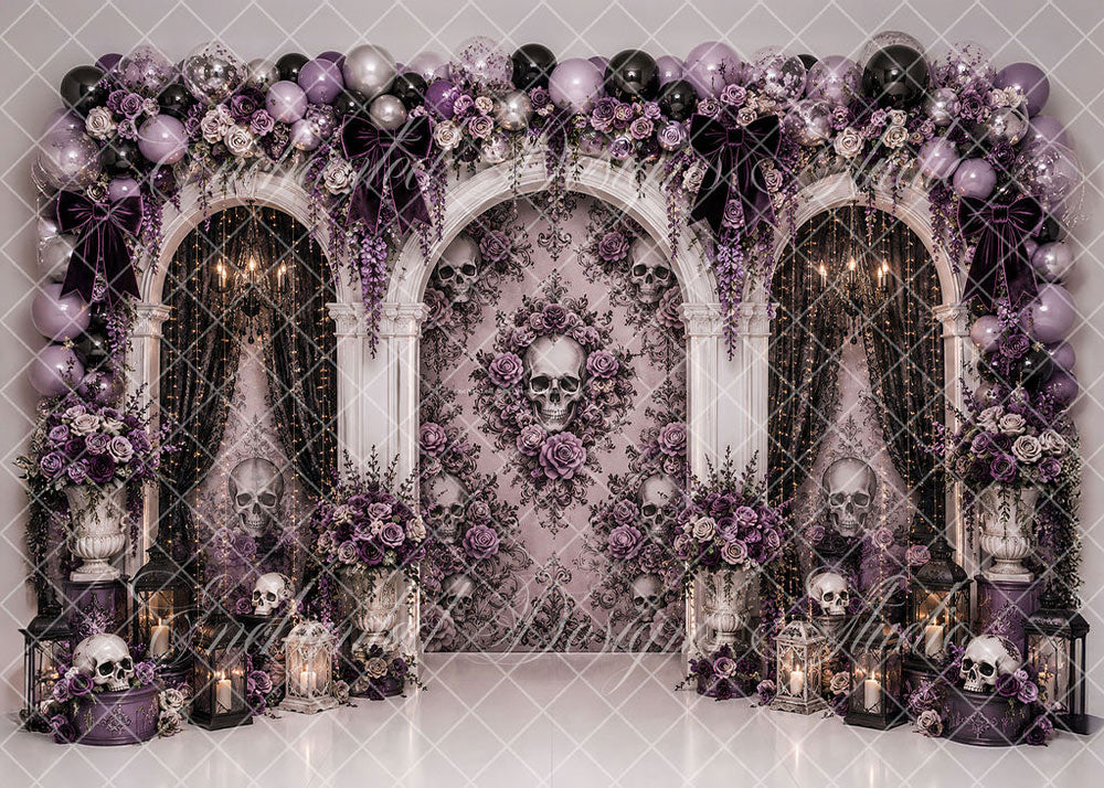 Avezano Gothic Skull Purple Floral Halloween Backdrop Designed By Enchanted Design Studio