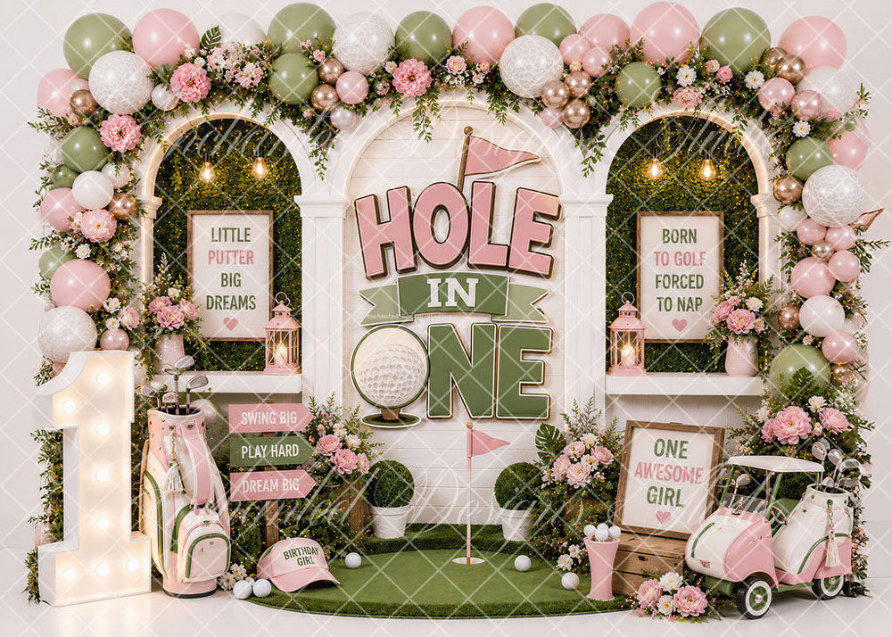 Avezano Pink Golf Hole In One 1st Birthday Backdrop Designed By Enchanted Design Studio