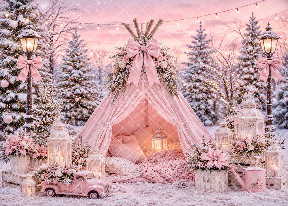 Avezano Pink Winter Teepee Christmas Backdrop Designed By Enchanted Design Studio