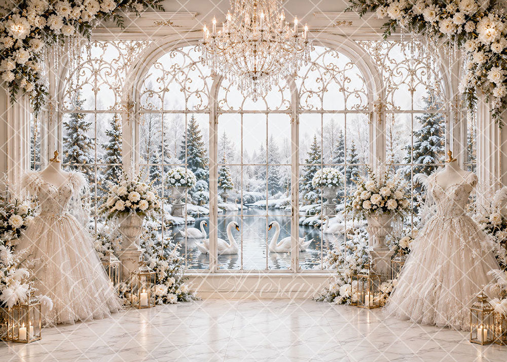 Avezano Winter Swan Wedding Conservatory Backdrop Designed By Enchanted Design Studio