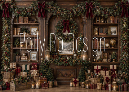 Avezano Vintage Wood Christmas Library Photography Backdrop Designed By Polly Ro Design
