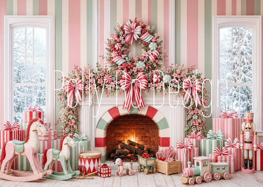 Avezano Pink Candy Christmas Fireplace Photography Backdrop Designed By Polly Ro Design