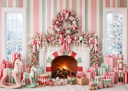 Avezano Pink Candy Christmas Fireplace Photography Backdrop Designed By Polly Ro Design