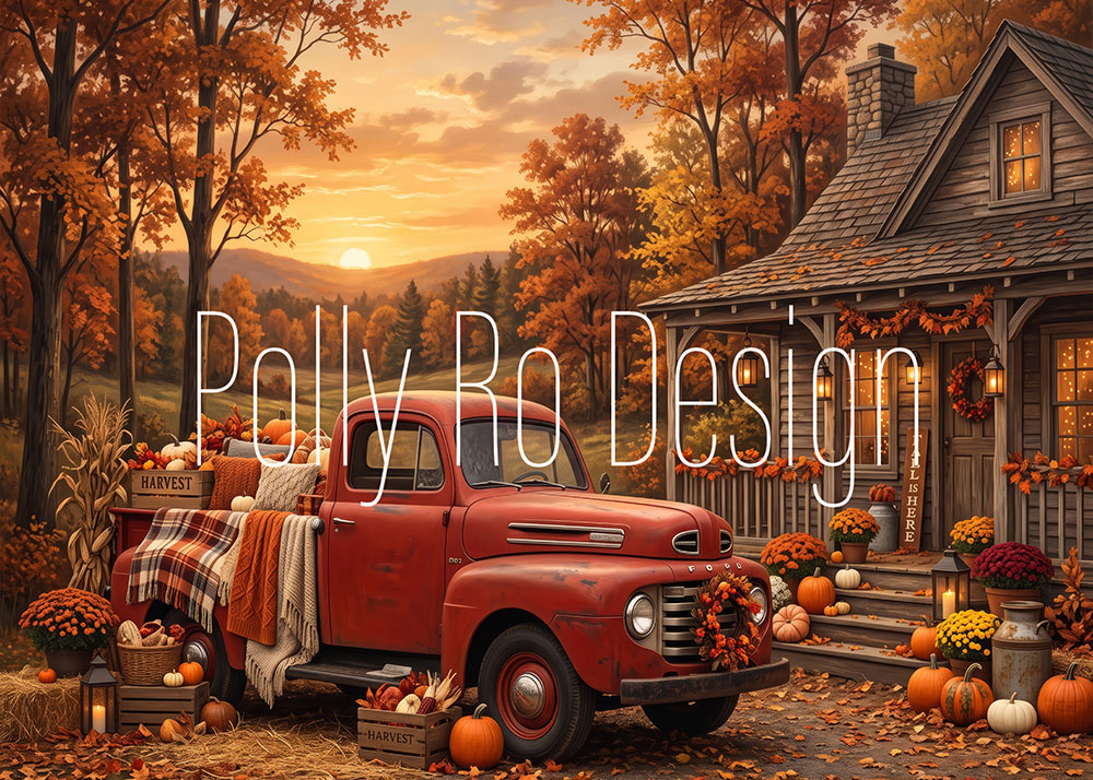 Avezano Vintage Red Truck Autumn Photography Backdrop Designed By Polly Ro Design