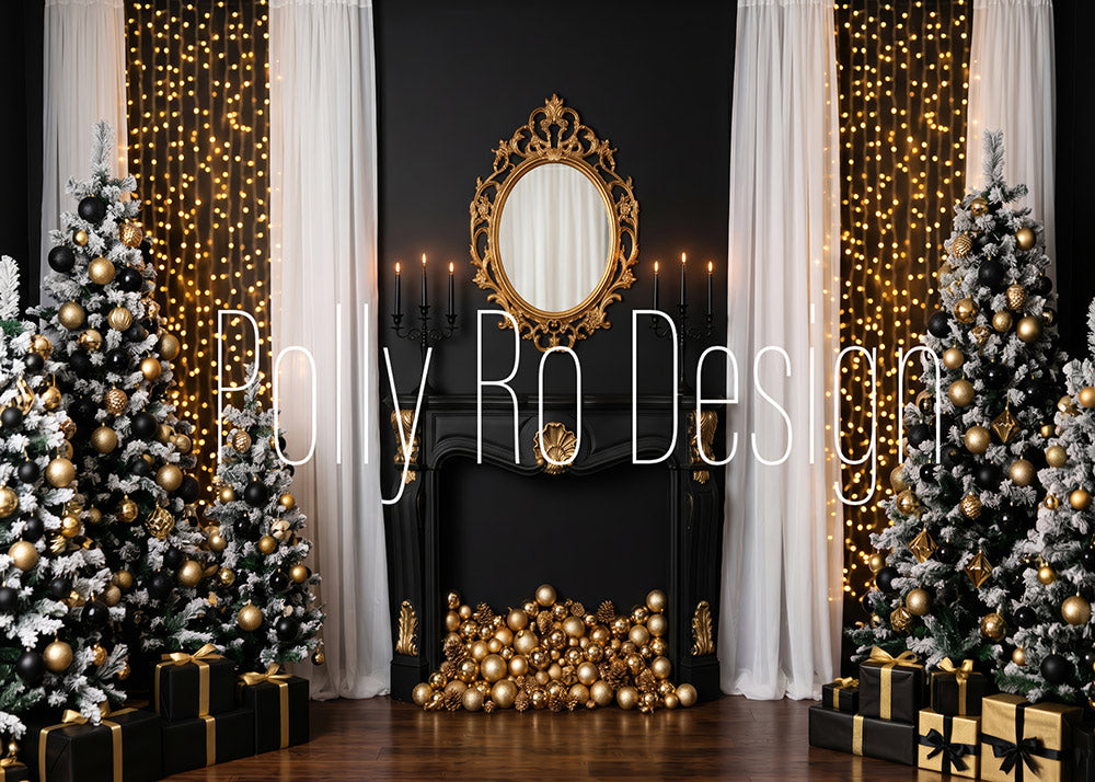 Avezano Black Gold Christmas Fireplace Photography Backdrop Designed By Polly Ro Design