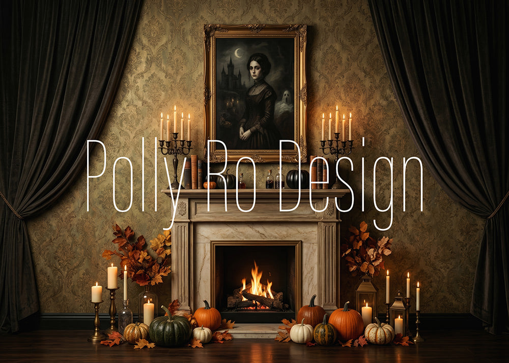 Avezano Vintage Halloween Fireplace Photography Backdrop Designed By Polly Ro Design