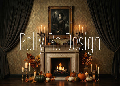 Avezano Vintage Halloween Fireplace Photography Backdrop Designed By Polly Ro Design