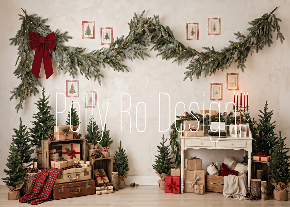 Avezano Cream Wall Pine Garland Red Bow Christmas Photography Backdrop Designed By Polly Ro Design