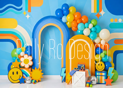 Avezano Retro Blue Orange Smiley Balloon Party Photography Backdrop Designed By Polly Ro Design