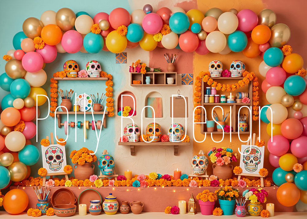 Avezano Colorful Day of The Dead Craft Room Photography Backdrop Designed By Polly Ro Design