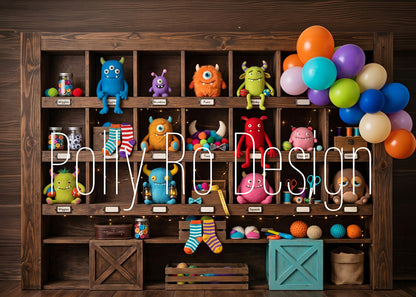Avezano Cute Monster Toy Shelf Photography Backdrop Designed By Polly Ro Design