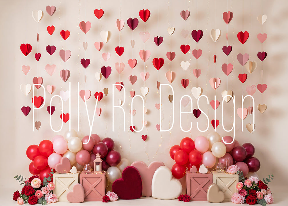 Toile de fond pour photographie de baiser de roses et de ballons de la Saint-Valentin d'Avezano conçue par Polly Ro Design