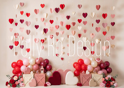Toile de fond pour photographie de baiser de roses et de ballons de la Saint-Valentin d'Avezano conçue par Polly Ro Design